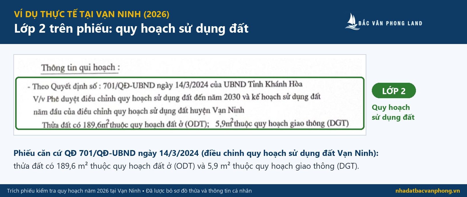 Thông tin quy hoạch sử dụng đất theo QĐ 701/QĐ-UBND trên phiếu của một thửa đất ở Vạn Giã: 189,6 m² đất ở, 5,9 m² đất giao thông